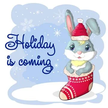 A cute cartoon rabbit in a Santa hat is sitting in a Christmas stocking. Wint Stock Illustration