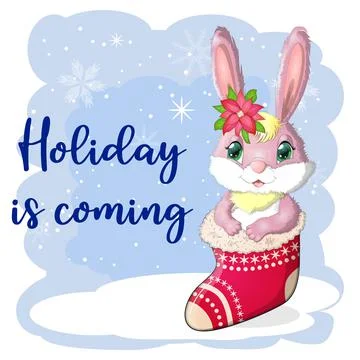 A cute cartoon rabbit in a Santa hat is sitting in a Christmas stocking. Wint Stock Illustration