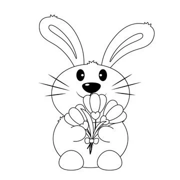 Cute cartoon Rabbit with snowdrop in black and white Stock Illustration