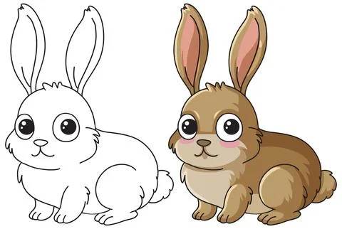 Cute Cartoon Rabbit Vector Illustration in Color and Line Art Stock Illustration