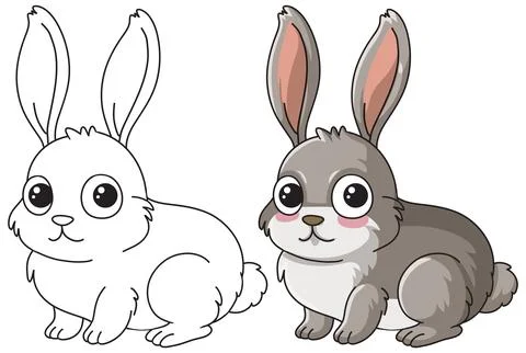 Cute Cartoon Rabbit Vector Illustration in Color and Line Art Stock Illustration