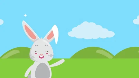 Cute cartoon rabbit waving hand in spring green field landscape animated mo.. Vídeo Stock 338422248