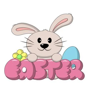 Cute cartoon Rabbit with word Easter in color Stock Illustration