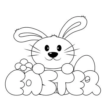 Cute cartoon Rabbit with word Easter in black and white Stock Illustration