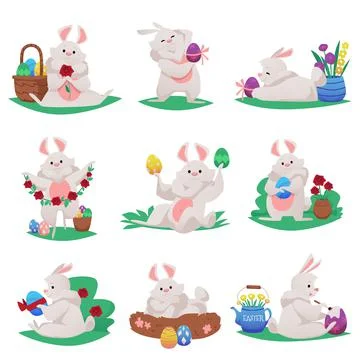 Cute cartoon rabbits celebrating Easter with eggs, flat vector illustration set 库存插图