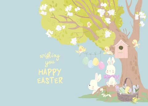 Cute Cartoon Rabbits celebrating Easter in Spring Forest Stock Illustration
