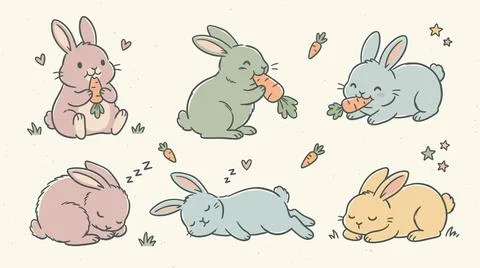 Cute cartoon rabbits set featuring playful bunnies eating carrots and sleepin Stock Illustration