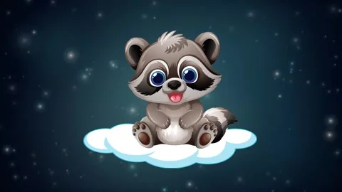Cute Cartoon Raccoon Floating on a Cloud in Starry Night Sky Stock Footage 346569217
