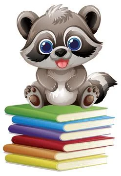 Cute Cartoon Raccoon Sitting on a Stack of Colorful Books Stockillustratie