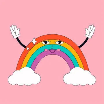 Cute cartoon rainbow character with clouds. Hippie, psychedelic Иллюстрация