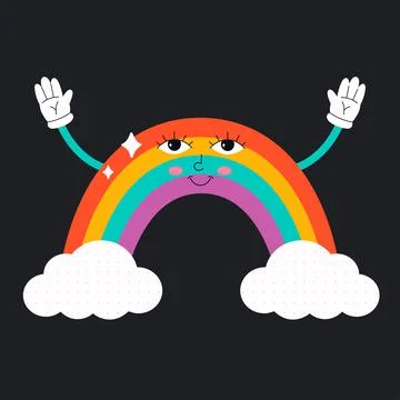 Cute cartoon rainbow character with clouds. Hippie, psychedelic, retro Stock Illustration