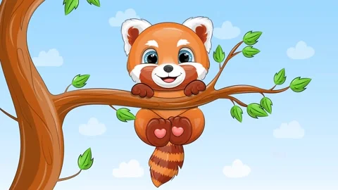 A cute cartoon red panda is hanging on a tree branch. Stock Footage 316741102