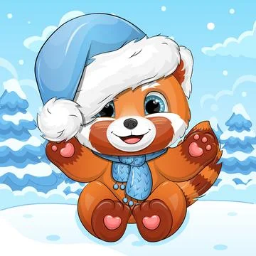 Cute cartoon Red Panda with hat in winter. Stock Illustration