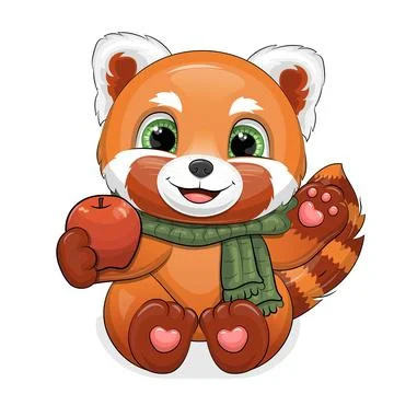 Cute cartoon red panda with red apple and green scarf. Ilustração Stock