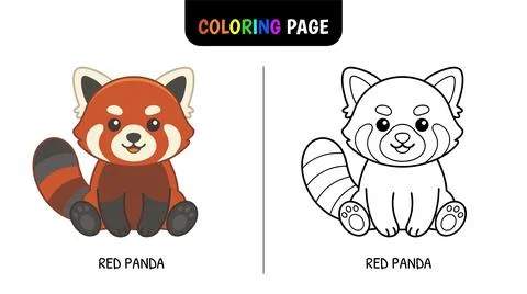 A cute cartoon red panda shown in two versions: one colored and one as a blac Stock Illustration