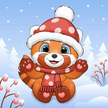 Cute cartoon Red Panda in winter. Stock Illustration