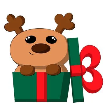 Cute cartoon Reindeer in gift box. Draw illustration in color Stock Illustration