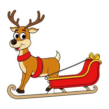 Cute Cartoon Reindeer Pulling a Red and Gold Christmas Sleigh Stock Illustration