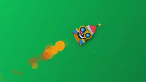 Cute cartoon robot flying like a rocket ship in space with a red santa hat .. Stock Footage 341179873