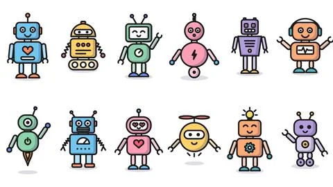 Cute cartoon robots set with soft shadows, 12 colorful icons Stock-Illustration
