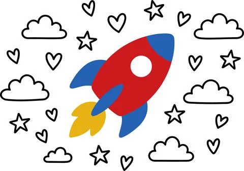 Cute Cartoon Rocket Flying Through Space with Stars and Clouds. Stock Illustration