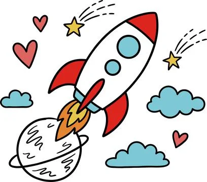 Cute Cartoon Rocket Launching from Planet with Stars and Hearts. Stock Illustration