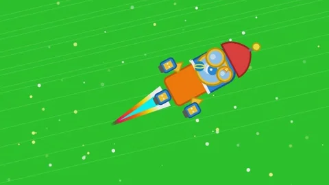 Cute cartoon rocket ship flying fast through space with a bright rainbow tr.. Stock Footage 341179935
