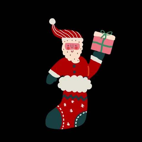 Cute cartoon Santa Claus bouncing from red sock with pink gift box Stock Footage 313112666