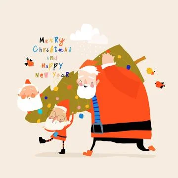 Cute Cartoon Santa Clauses carrying Big Christmas Tree Stock Illustration