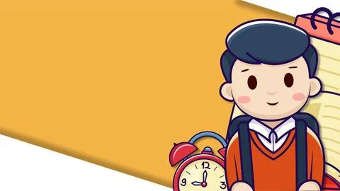 Cute cartoon schoolboy with backpack and alarm clock on orange background b.. Stock Illustration