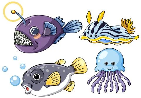 Cute Cartoon Sea Creatures Set with Anglerfish Jellyfish and Pufferfish Stock Illustration