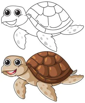 Cute Cartoon Sea Turtle Vector Illustration with Coloring Page Version Illustrazione stock