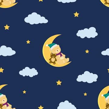 Cute cartoon seamless pattern with bear sleeping on the moon for decorative,f Illustrazione stock