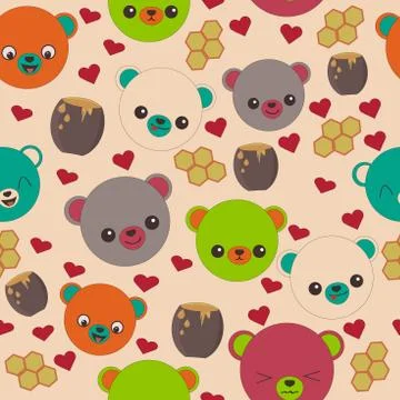 Cute cartoon seamless pattern in bright colours kawawii design. Bear faces in Stock Illustration