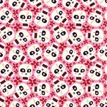 Cute cartoon seamless pattern with funny skulls with a flowers Stock Illustration
