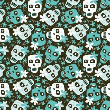 Cute cartoon seamless pattern with funny skulls with a flowers 스톡 일러스트