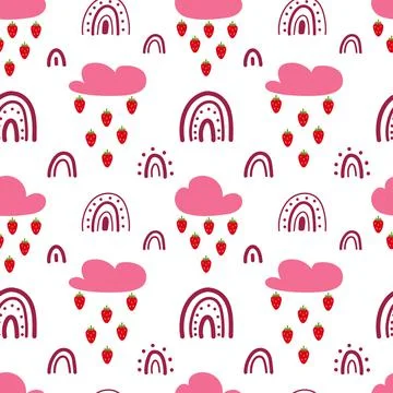 Cute cartoon seamless pattern with strawberry rain, cloud and rainbow. Fantasy Stock Illustration