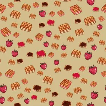 Cute cartoon seamless pattern with waffle with chocolate and strawberries Stock Illustration