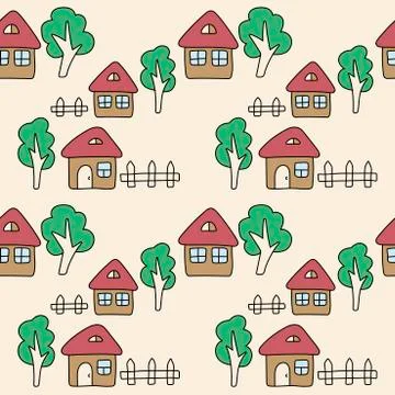 Cute cartoon Seamless vector pattern. Baby hand drawn house, bush, fence, tre Stock Illustration