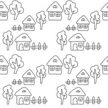 Cute cartoon Seamless vector pattern. Baby hand drawn house, bush, fence, tre Stock Illustration