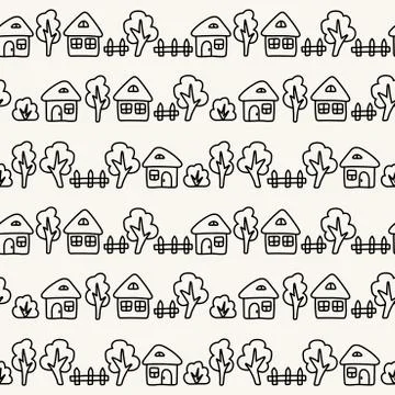 Cute cartoon Seamless vector pattern. Baby hand drawn house, bush, fence, tre Stock Illustration
