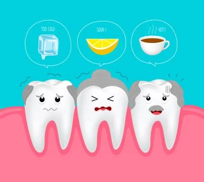 Cute cartoon sensitive senior teeth character. Ice, Sour lemon and hot drinks. Stock Illustration