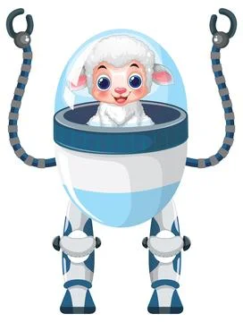 Cute Cartoon Sheep Character Inside a Futuristic Bipedal Robot Suit Illustrazione stock