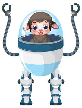 Cute Cartoon Sheep Character Inside a Futuristic Bipedal Robot Suit Stock Illustration