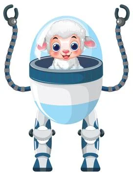Cute Cartoon Sheep Character Inside a Futuristic Bipedal Robot Suit Stock Illustration