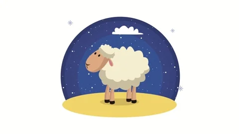 Cute cartoon sheep standing on yellow ground against dark starry night sky .. Stock Footage 339215357