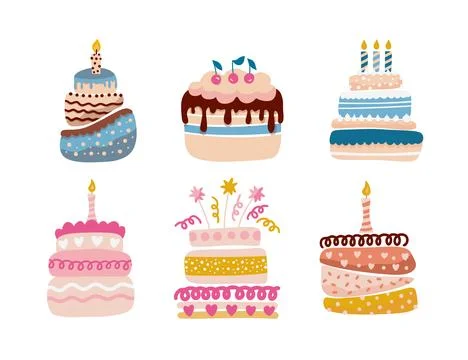 Cute Cartoon simple vector birthday cake cupcake vector set. Happy holiday cream Stock Illustration