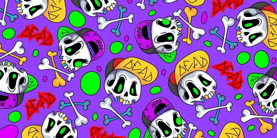 Cute cartoon skulls in a cap pattern colorful background. Funny skulls Stock Illustration