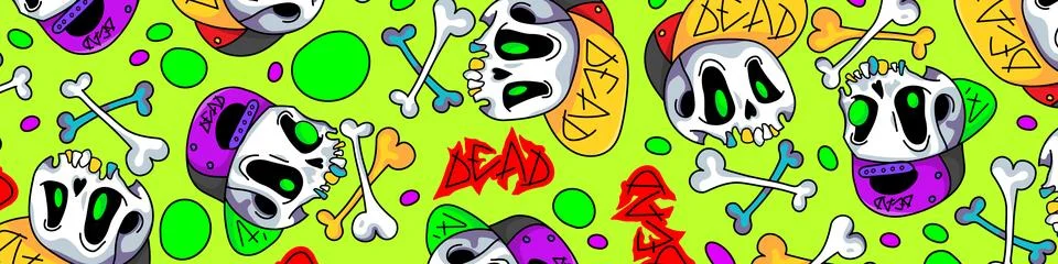 Cute cartoon skulls in a cap pattern colorful background. Funny skulls Stock Illustration