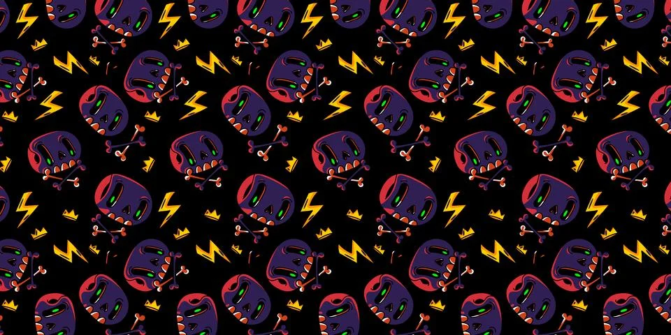 Cute cartoon skulls with crown pattern background. Funny skulls illustration Stock Illustration